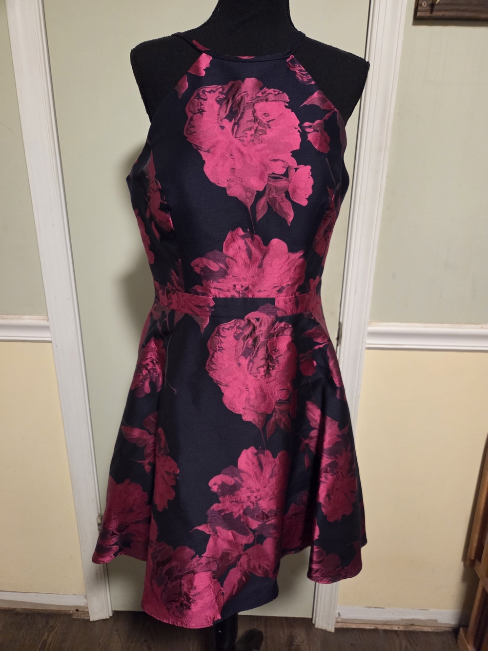 Xscape Navy Halter Mini Dress with Bold Fuchsia Floral